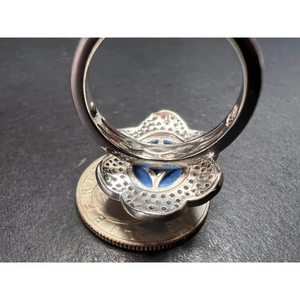 NEW Ceruleite and zircon blossom ring in rhodium over sterling silver size 8